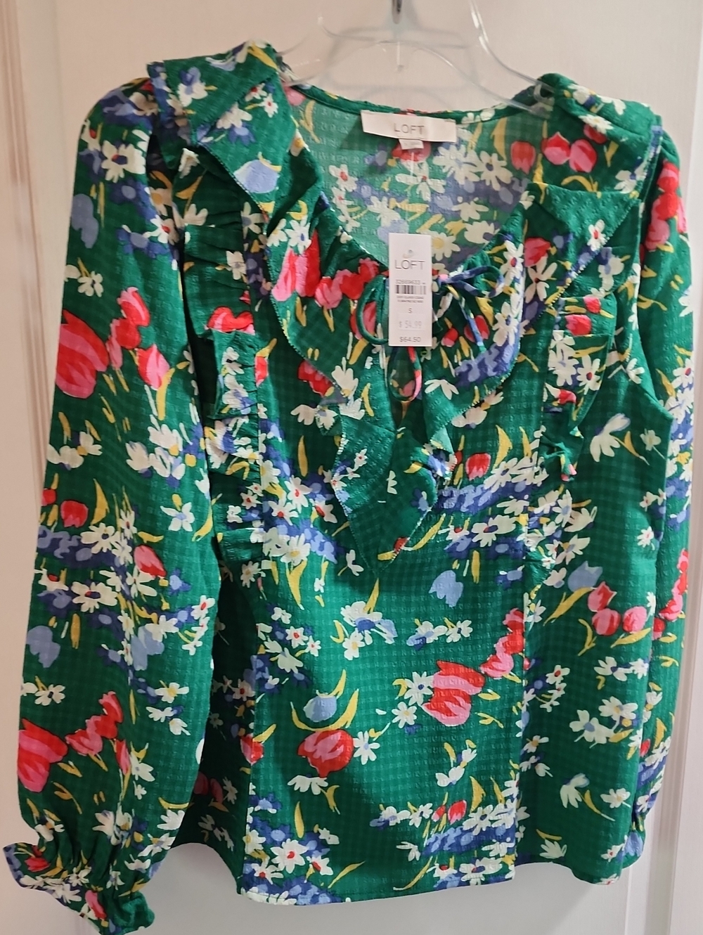 LOFT Green Floral Ruffle Neck Blouse